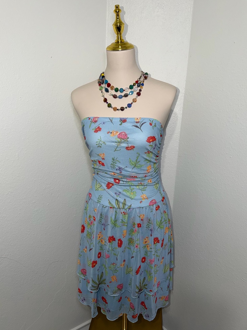 Strapless Light Blue Floral Summer Dress